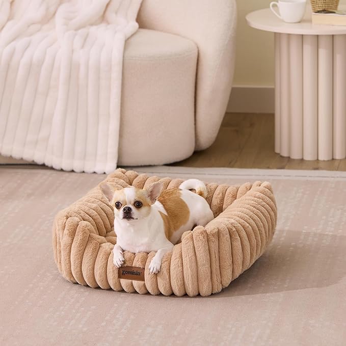 Small Dog Beds for Small Dogs - Washable Cat Beds for Indoor Cats, Rectangle Orthopedic Puppy Bed with Fluffy Removable Cover, 20x19x7inches, Beige