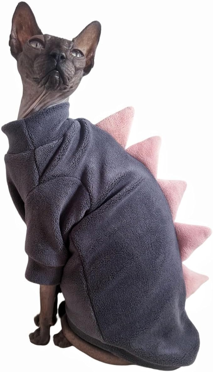 Dinosaur Sphynx Cat Clothes, Soft Polar Fleece Sweater for Cat, Elastic Pet Clothes Thick Winter Warm Outfit for Hairless Cat, Devon, Cornish, Small Dogs Apparel with Sleeves (Grey, Medium)