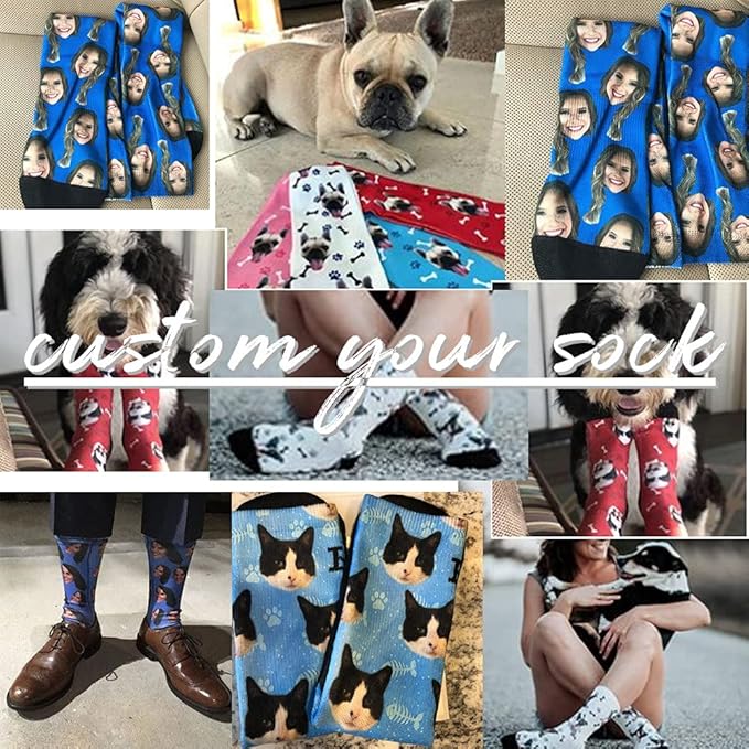 Custom Face Socks, Personalized Dog Lover Pet Photo Picture on Socks Unisex Athletic Crew Socks for Men Women
