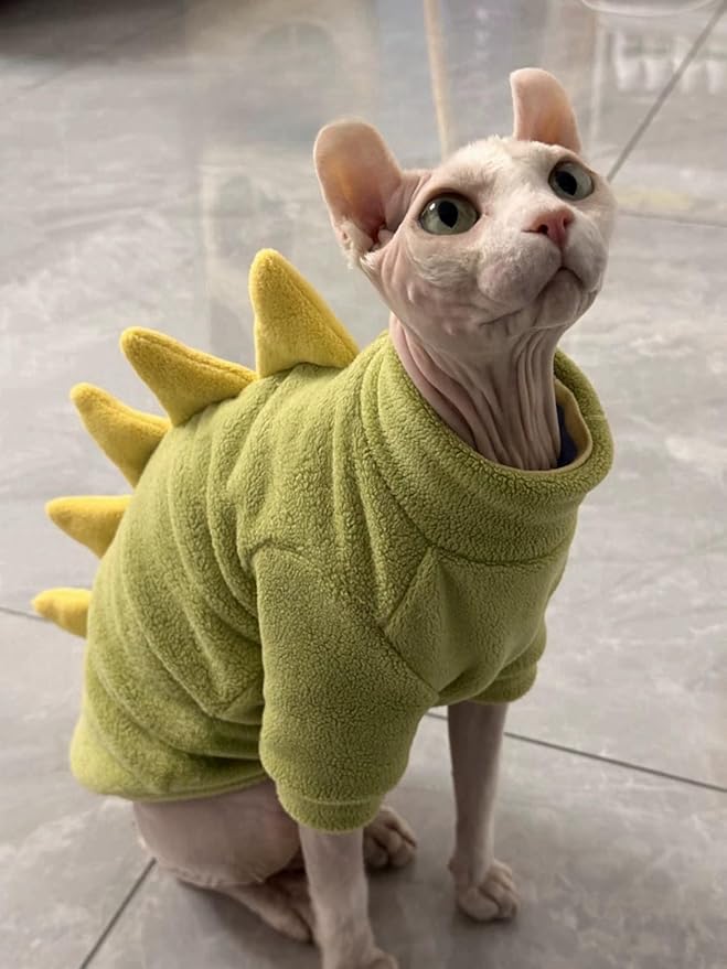 Dinosaur Sphynx Cat Clothes, Soft Polar Fleece Sweater for Cat, Elastic Pet Clothes Thick Winter Warm Outfit for Hairless Cat, Devon, Cornish, Small Dogs Apparel with Sleeves (Green, X-Large)