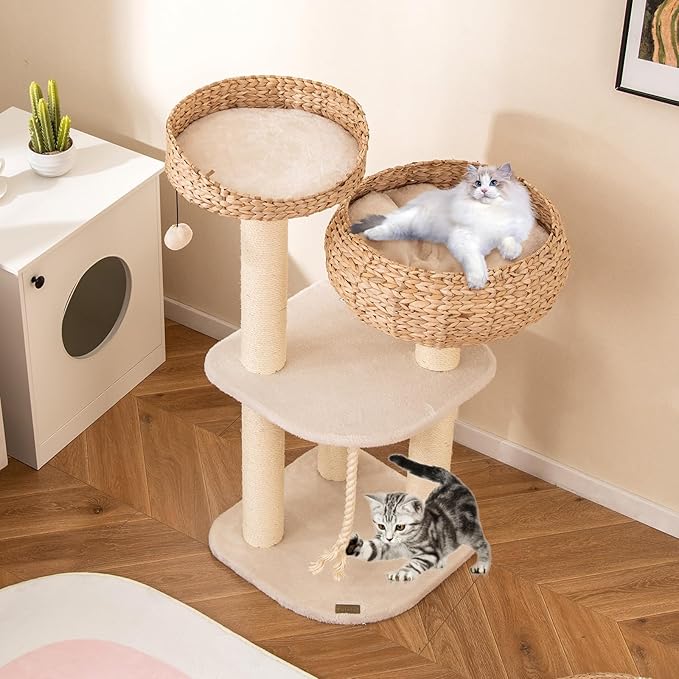 PETSITE 41 Inch Modern Cat Tree for Indoor Cats, Multi-Level Cute Cat Tree with Scratching Posts, Hand-Made Wicker Cat Condo & Top Perch, Dangling Ball, and Sisal Rope, Beige