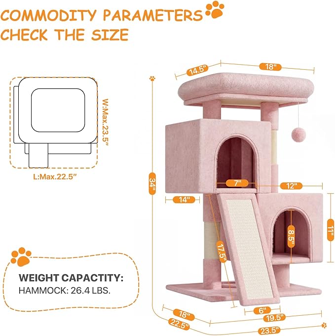 34'' Small Cat Tree with 2 Condos, Sisal Scratching Posts & Board, Multi-Level Climbing Tower for Indoor Cats, Sturdy Light Grey Cat Activity Center - Soft Pink