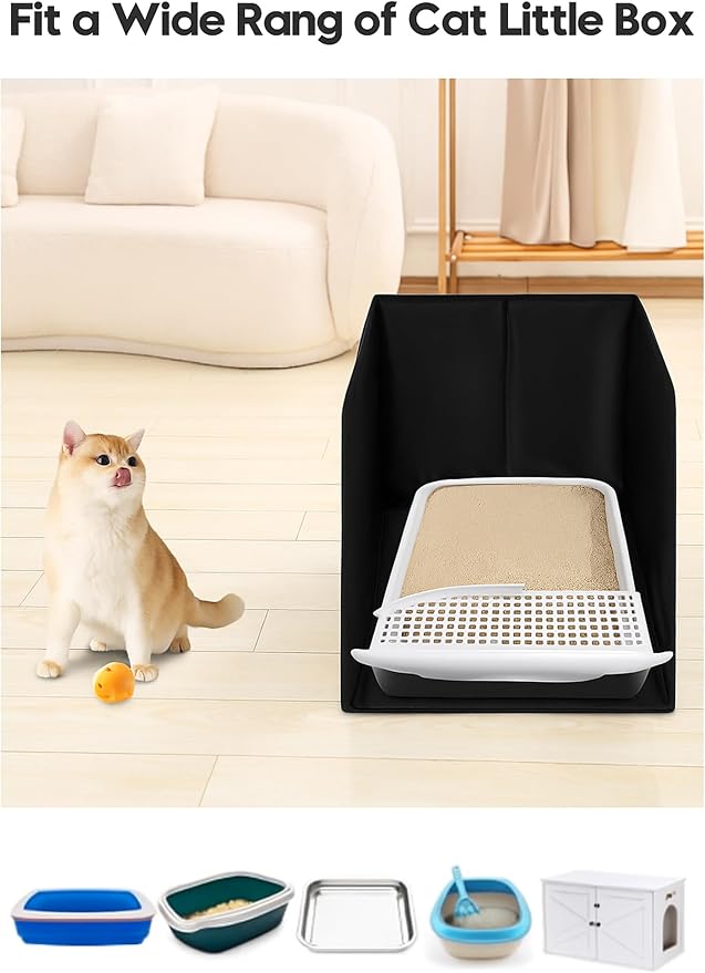 Waterproof Cat Litter Box Enclosure Splash Guard with Removable Mat, Cat Box Enclosure with 2 Hooks for Scoop, Anti-Leakage, Dust Control, Easy to Clean-24.02 x 16.14 x 16.14 inches-Black