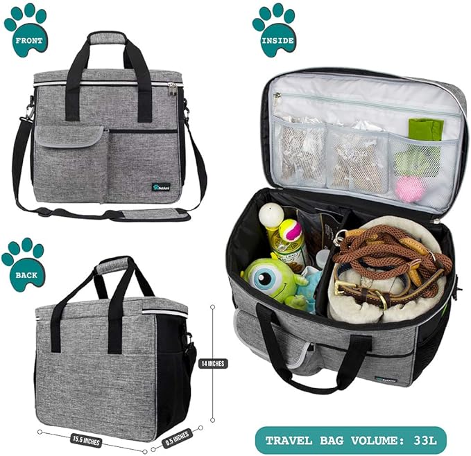 PetAmi Dog Travel Bag - Travel Pet Organizer with Food Container and Bowls, Perfect for Weekend Camping, Cat Diaper Bag (Grey, Large)