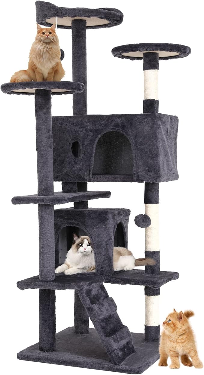 Cat Tree for Indoor Cats, Multi-Level Cat Tower with Scratching Posts & Cozy Condo, Space Saving Cat Activity Center, Durable Pet Play House (54in,Ashy)