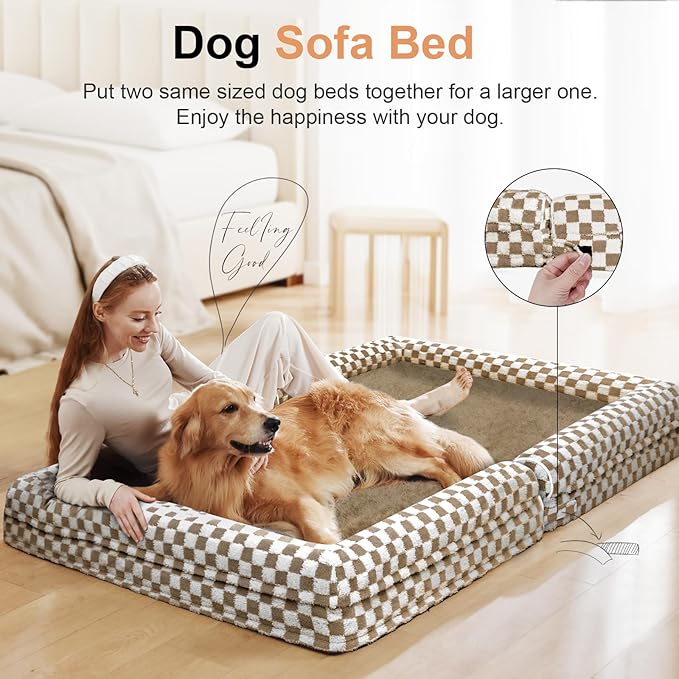 Large Dog Bed Orthopedic Washable: Beds Bolster XL Bed Medium Large Dogs Egg Crate Foam Couch Sofa Waterproof with Removable Cover - Brown Grid