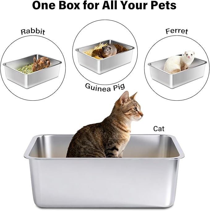 Stainless Steel Litter Box,Metal Cat Litter Box,Medium Cat Litterbox for Kitty or Rabbits, No Smell, Non Stick, Easy to Clean(17.7" L x 13.77" W x 6" H)