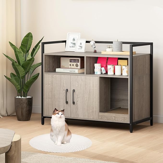 Giantex Cat Litter Box Enclosure - Cat Washroom Hidden Furniture with Front Entry, Scratcher, 2-Door Storage Cabinet, 2 Compartments, Air Vents, Metal Frame, Wooden Pet Crate House (Oak Gray)