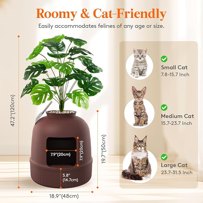 Lifewit Cat Litter Box, Hidden Enclosure Litter Tray with Odor Control & Carbon Filter in Living Room, Bedroom, Corner with Faux Plant& Plastic Scoop, 48 x 120 cm/19x47, Brown