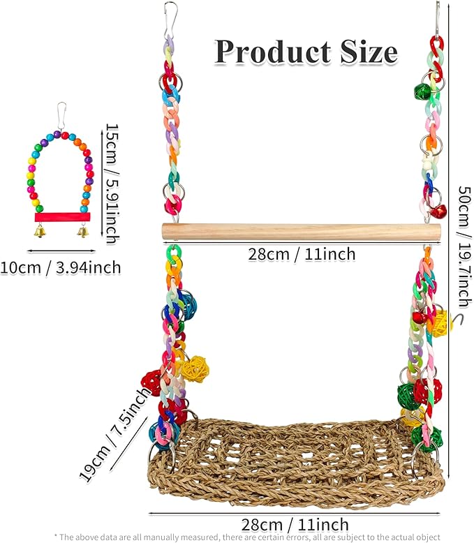 Natural Bird Swing Toys with Wood Perch,Double Layer Bird Seagrass Woven Climbing Hammock with Chewable Perch Stand Chewing Toy for Parakeets,Budgies,Conures,Cockatiels,Lovebirds