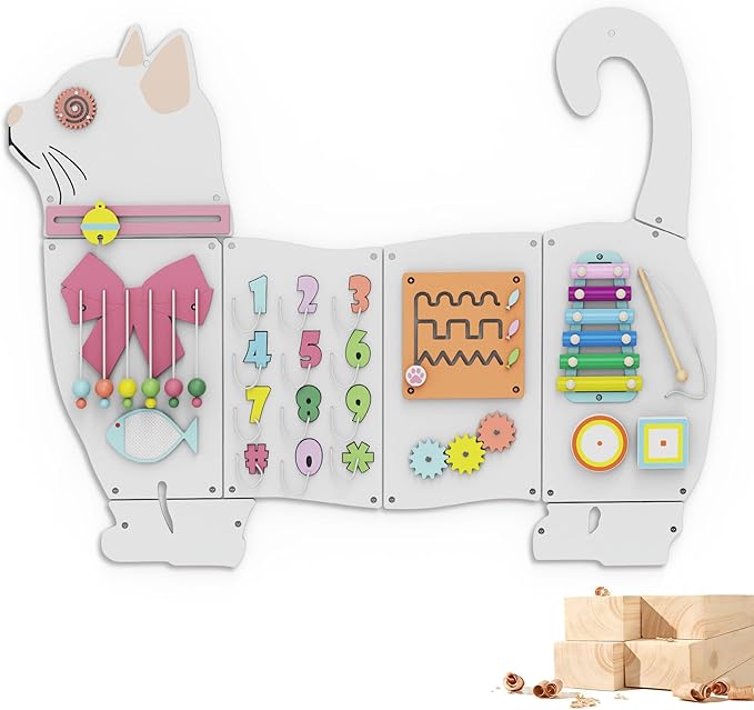 BlueWood Wooden Wall Busy Board Panels, Toddler Learning Activity Center, Montessori Philosophy Sensory, Educational Toys, Conducive to All-Round Development - Cat