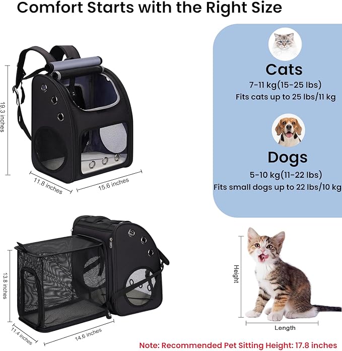 Cat Carrier Backpack, Expandable Pet Carrier Backpack for Cats, Dogs and Small Animals, Portable Pet Travel Backpack, Airline Approved, Ideal for Traveling/Hiking/Camping, Black, XL