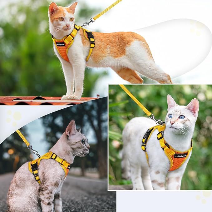 rabbitgoo Cat Harness and Leash Set, Escape Proof Soft Adjustable Vest Harnesses for Outdoor Walking, Easy Control Breathable Kitten Jacket with Reflective Strips, Orange & Yellow, S