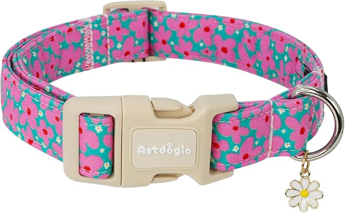 Cotton Floral Dog Collar,Green Dog Collar with Pink Flower, Adjustable Puppy Dog Collars for Small Medium Large, Cute Girl or Boy Dog Collar Ideal for Gifts,Pet Accessory,L