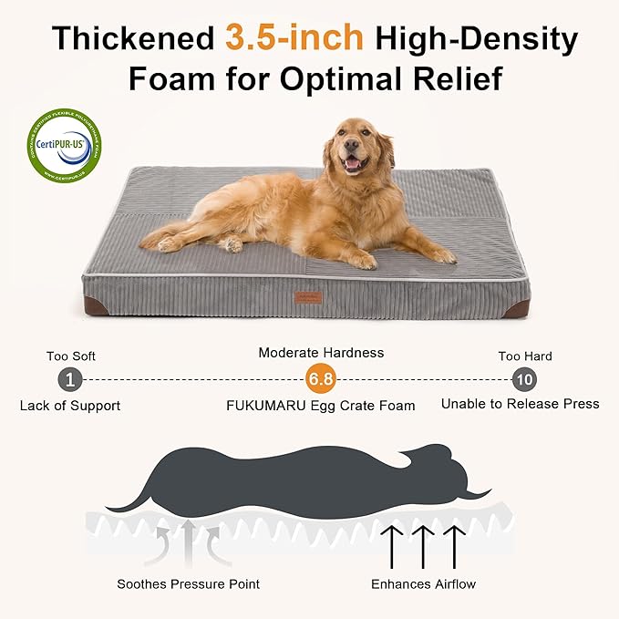 FUKUMARU Dog Bed, Thickened Corduroy Orthopedic Dog Beds with Washable Cover, Large Waterproof Dogs Bed for Crate, 28D Egg Crate Foam Support Pet Mat, Cozy Pet Bed Pad with Anti-Slip Bottom, Grey