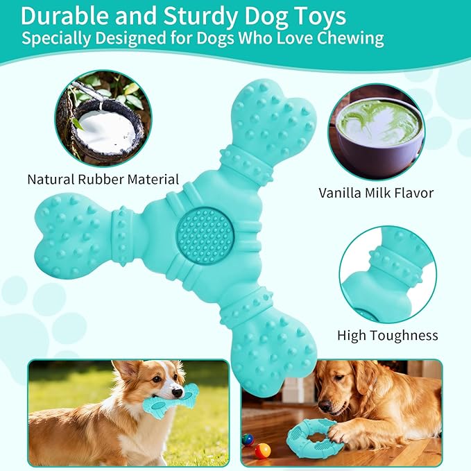 Natural Rubber Dog Chew Toys 4Pack,Tough Dog Toys for Aggressive Chewers Small Medium Breed,Interactive Dog Toys for Puppy to Clean Teeth Gum Massage,Tug & Fetch(Blue)