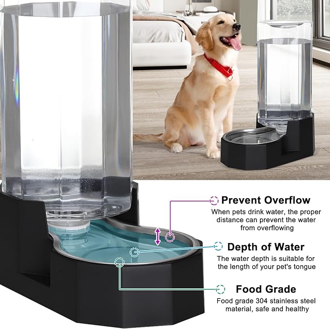 Sfozstra Large Dog Water Dispenser: 9L Gravity Black Gravity Water Feeder - Dishwasher-Safe Stainless Steel Bowl - Easy Clean - for Medium/Large Dogs - Multi-Pet Homes - Garage/Garden/Patio