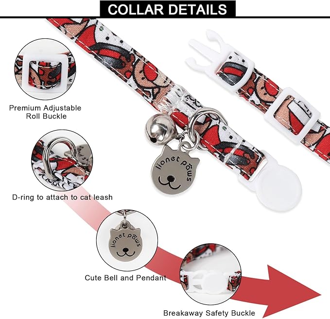 Lionet Paws 2pcs Pack Cotton Cat Collar,Breakaway Buckle Christmas Cat Colar with Santa,Red Green Dot Cute Adjustable Cat Kitten Collar,Ideal for Boy Cats