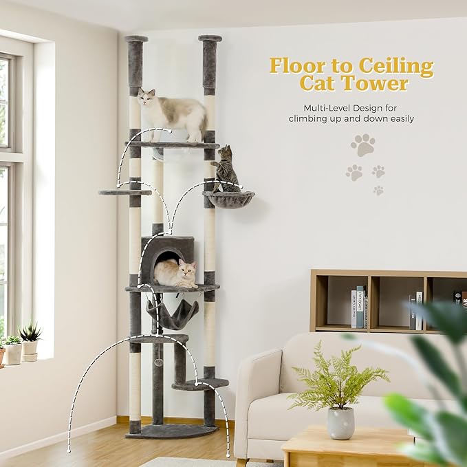 PETEPELA Floor to Ceiling Cat Tree, 92.9''-101.6''Height Adjustable Cat Tower Tall Cat Climbing Play House, Cozy Condo, Scratching Post and Spacious Hammock for Indoor Cats Large Adult, Gray