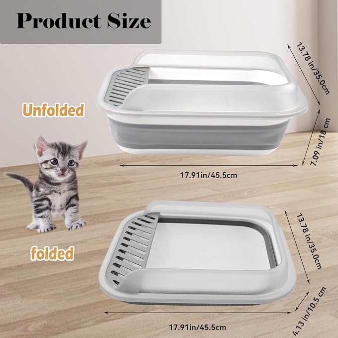 kathson Collapsible Litter Box for Kittens,Low Entry Senior Cat Litter Box Semi-Enclosed Kitten Potty Toilet with Leak-Proof Pedal Foldable Kitty Litter Pan for Small Cats (Grey)