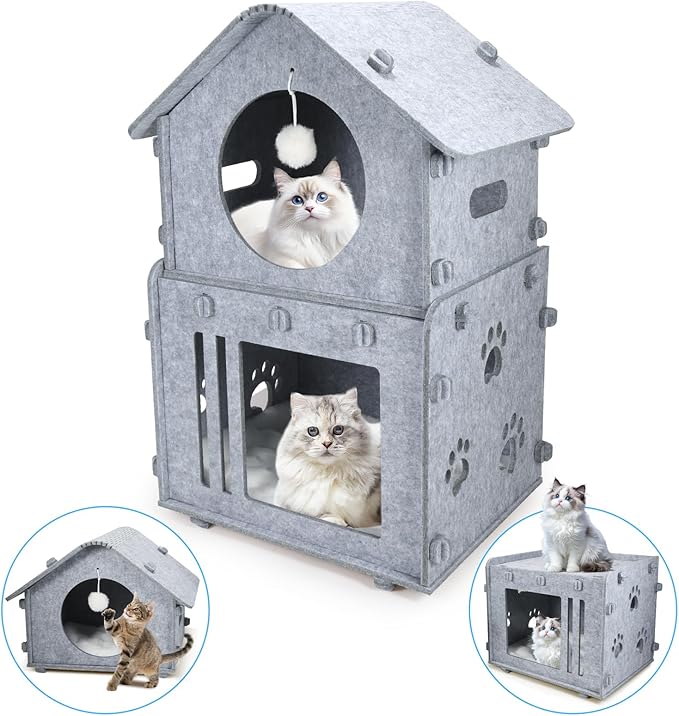2-Storey Detachable Cat House for Indoor Cats Bed, Covered Beds & Furniture with Washable Cushioned, Cute Modern Condo for Multi Small Pet Large Kitten Kitty, Grey