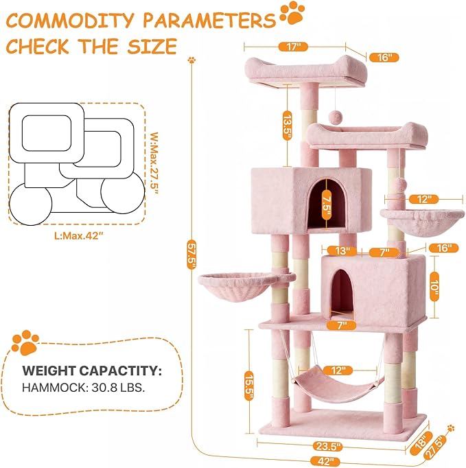 58" Cat Tree Tower for Indoor Cats, Multi-Level Activity Center with Scratching Posts, Hammocks, Top Perch, Dangling Ball & Cat Condo, Soft Pink