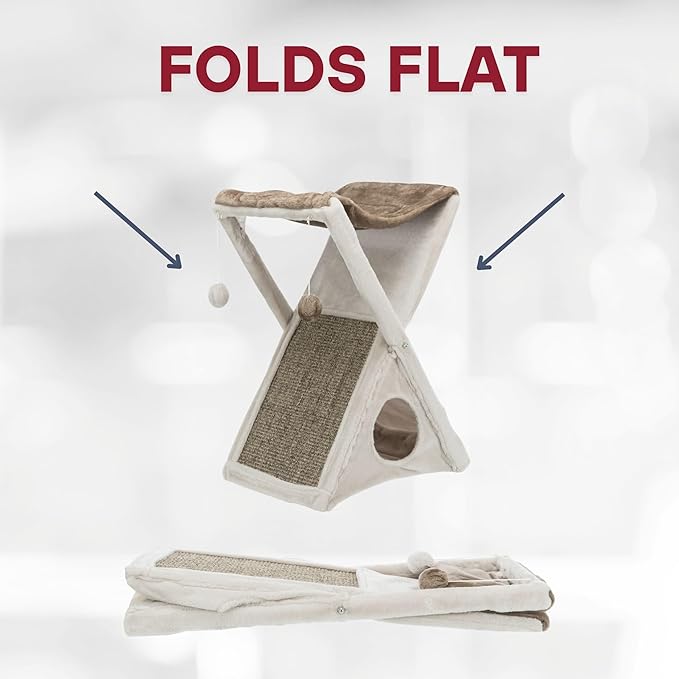 TRIXIE Miguel Fold and Store Cat Hammock, Indoor Cat Furniture with Dangling Toys, Scratching Pad, and Cave, Taupe/Light Gray