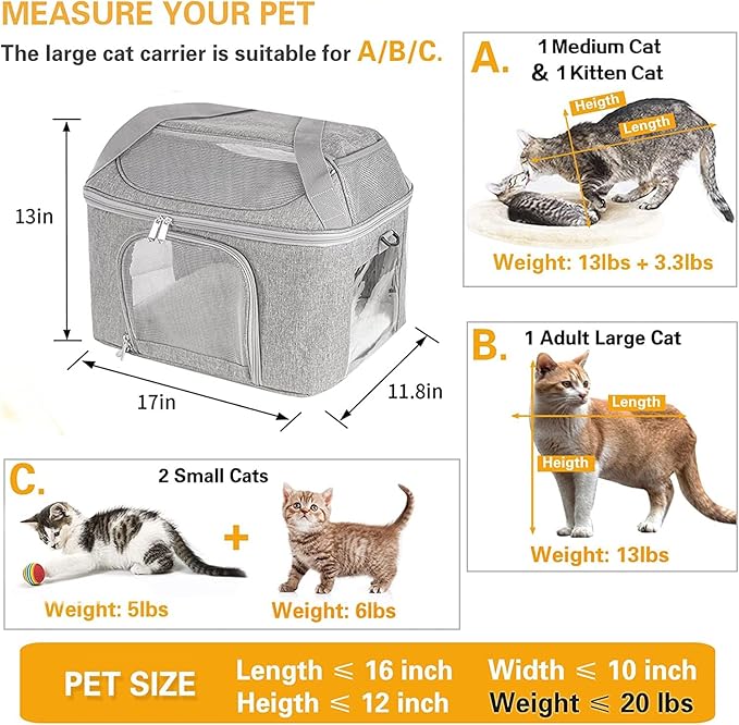 Large Cat Carrier Soft Side Pet Carrier for Kitten Puppy Collapsible Travel Small Dog Carrier Backpack TSA Airline Approved Pet Carriers for Under 20 lbs, Gray