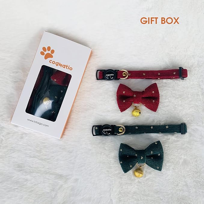 Safety Quick Release Cat Collars, Soft Kitten Collars with Detachable Bow Tie and Bell, Pack of 2, Adjustable 20-30 cm (20-30cm, Wine Red+Xmas Green)