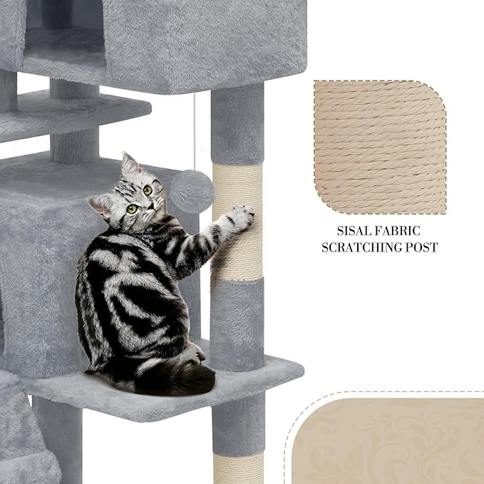 Athena Collection Cat Tree, 77 Inch Cat Tower for Indoor Cats, Multi-Level Cat Tree Tower Activity Center with 2 Cat Condo & Cat Scratching Post & Dangling Ball, Tall Cat Tree, Light Gray