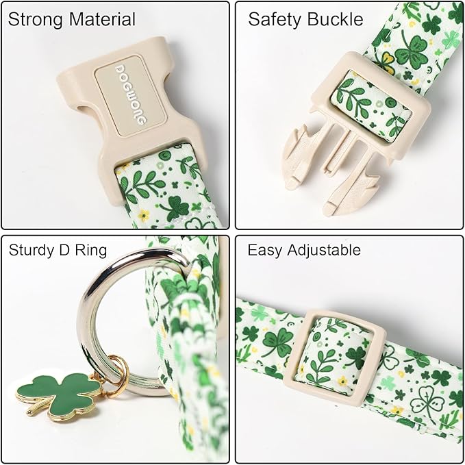 DOGWONG St Patrick's Dog Collar, Green Clover Pet Collar Cotton Holiday Pet Collar Cute Puppy Collar Adjustable Pet Dog Collars for Small Medium Dogs,M