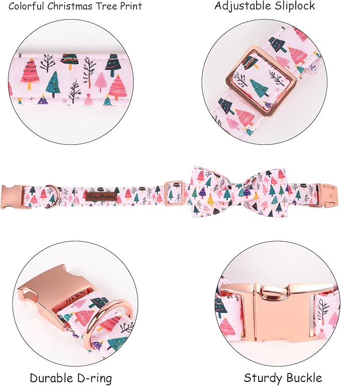 Christmas Dog Collar, Pink Christmas Tree Soft Comfortable Collars with Bow Adjustable Pet Collar with Premium Metal Buckle Dog Necklace for Large Girl Dogs