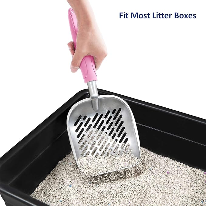 WePet Cat Litter Scoop, Aluminum Alloy Sifter, Kitty Metal Scooper, Deep Shovel with Diagonal Sifting Hole, Long Handle, Kitten Poop Lifter for Litter Box, Large Size, Pink Handle