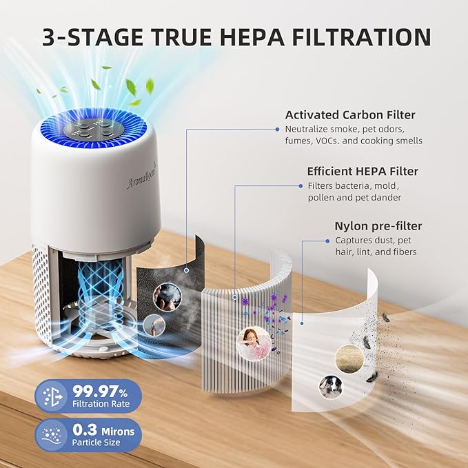 Air Purifier for Home Bedroom, AromaRoom H13 HEPA Air Filter For Smoke Pollen Dander Hair Smell Air Cleaner, 3-in-1 Filter with Sleep Mode, Quiet Air Cleaner For Pets, Home, Baby Room (White)