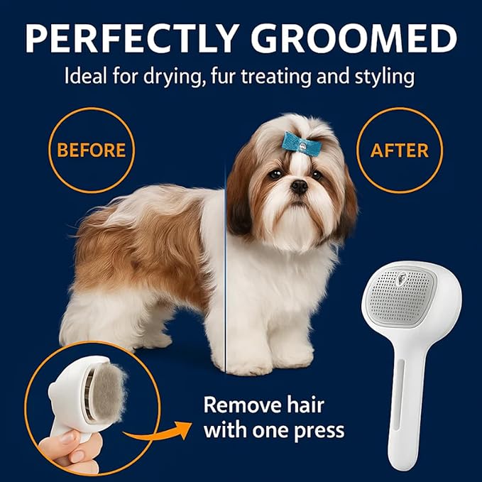 Renu Dog Brush, Renu FreshFur Dog Shower Brush + Bathing Solution, 3 in 1 Self Cleaning Steamy Pet Brushes, Dogs Grooming Tool for Long & Short Hair, Removes Loose Hair Reduces Shedding (White)
