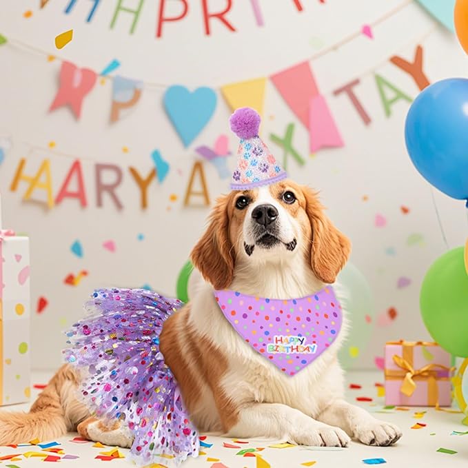 Dog Birthday Bandana with Hat and Dress Girl Set Puppy Birthday Party Supplies Cute Tutu Skirt Outfit for Small Medium Large Dogs Decorations(Purple) (Light Purple)
