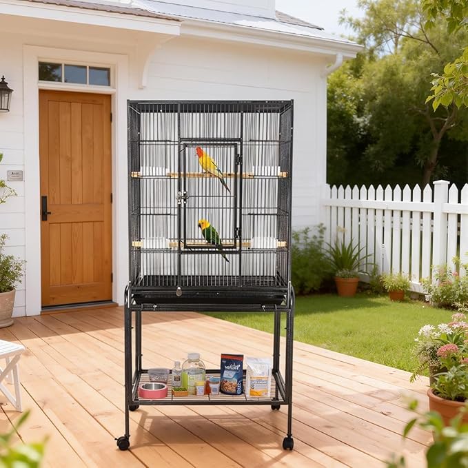 53 Inch Bird Cage with Wooden Perches, Standing Wrought Iron Birdcage with Wheels, Large Parrot Cage Bird Cages with Slide-Out Tray Water Bottle Feeder for Parakeets,Cockatiel, Canary,Pigeons