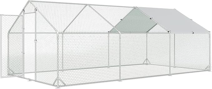 Large Metal Chicken Coop with Run Walk-in Poultry Cage Chicken Runs House Pen Cage Spire Roofed Chicken Coops with Anti-Ultraviolet Cover for Outdoor Yard Farm Use 9.8’L x 19.7’W x 6.4’H