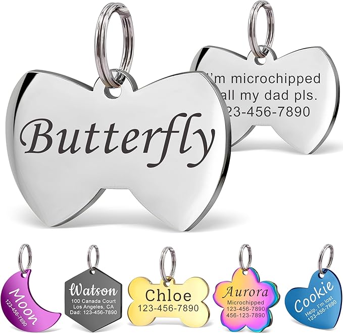 Anavia Personalized Pet ID Tags, Stainless Steel Glossy Laser Engraved Dog Cat Collar Name Tags, Multiple Colors Shapes Sizes (Bow Tie, Regular)