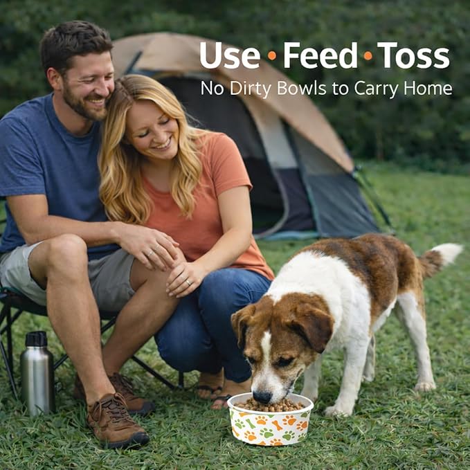 60 Pcs 42 oz/ 5.2 Cups Disposable Pet Bowls with Waterproof PE Coating, Heavy Duty Leakproof Bulk Dog Bowls with Printed Pattern for Multi-Dog Homes, Puppies, Travel, Camping & Pet Party