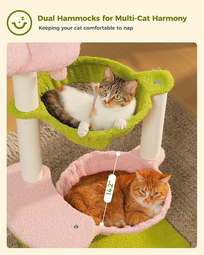 Flower Cat Tree with 2 Large Hammocks, 37.4" Small Cat Tower for Indoor Kitty with 6 Scratching Posts, Cute Cat Tree with Flower Top Perch, Pink