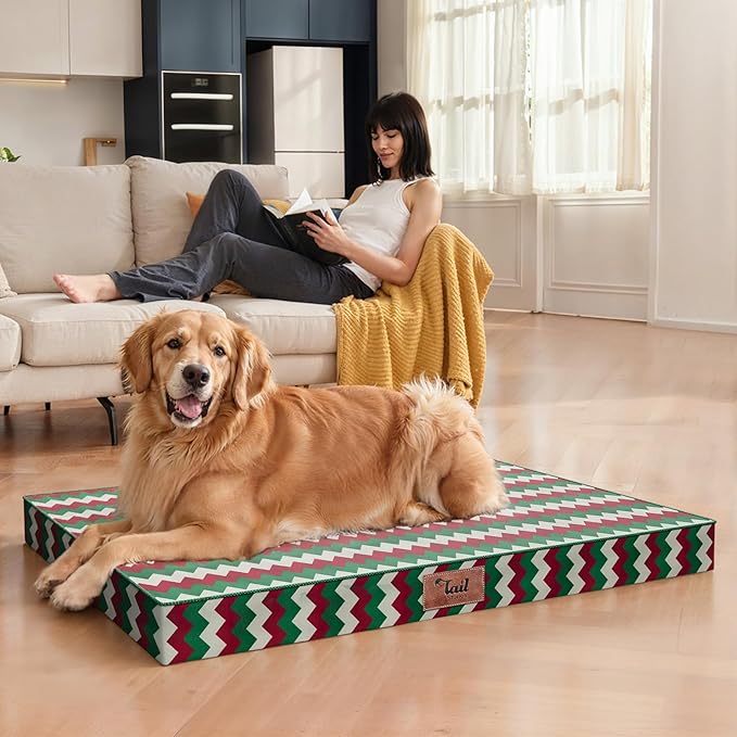Orthopedic Dog Bed for Large Dogs, Big Waterproof Dog Bed Washable Pet Bed for Large Sized Dogs with Egg Crate Foam Pet Bed Mat, Removable Oxford Cooling Cover, Stripe