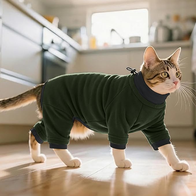 PUMYPOREITY Sticky Hair Cat Clothes, Prevent Loss Pajamas, Soft Sweaters for Cats Only, Onesie, Recovery Suit After Surgery, Green, M