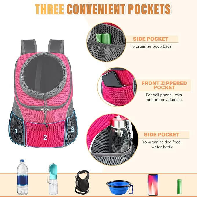 YUDODO Dog Front Carrier Backpack, Adjustable Breathable Pet Carrier for Small Dogs, Ventilated Puppy Back Pack with Safety Belt, Lightweight Doggy Backpack for Hiking Outdoor (Rose, M)
