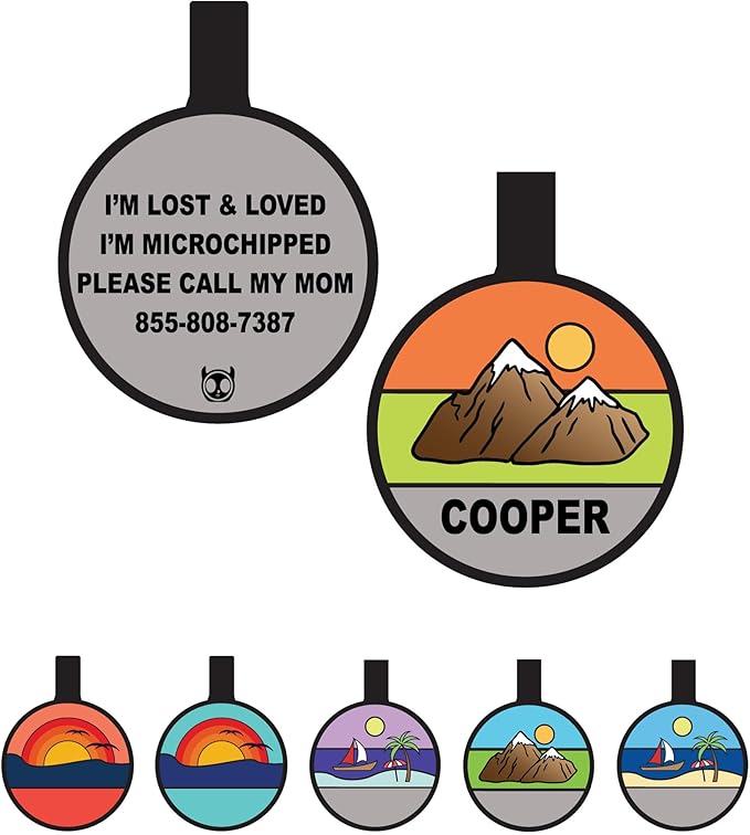 Silent Dog Tag Personalized with 5 Lines of Custom Deep Engraved Durable Soundless Silicone Pet ID Name Tag Round Mountain Orange