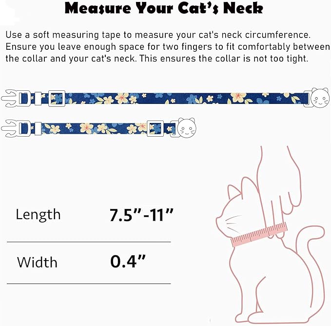 2 Pack Cotton Breakaway Cat Collars Set with Bell and Flower Pendant, Cute Floral Fruit Patterned, Adjustable 7.5-11Inch, Include A Mouse Toy Gift (Yellow+Navy Flower)