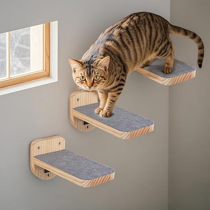 ESPETS Set of 3 Natural Wood Cat Wall Steps Floating Ladder Stairs- Wall Mounted Wooden Cat Shelves and Perches - Holds up 30lbs