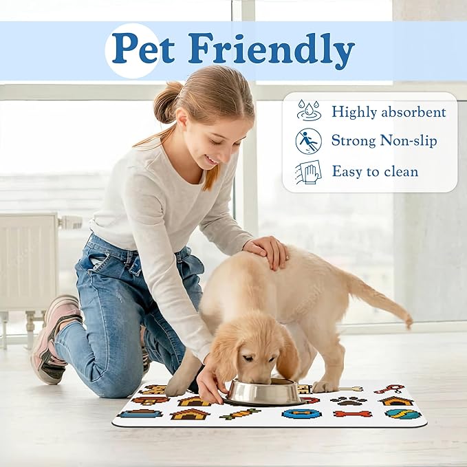 Dog Fun Pet Feeding Mat–Christmas Stocking Quick Dry Absorbent Dog Cat Food Mat, Non Slip Waterproof Bowl Placemat for Messy Eaters, Pet Accessories for Floors 16"x24"