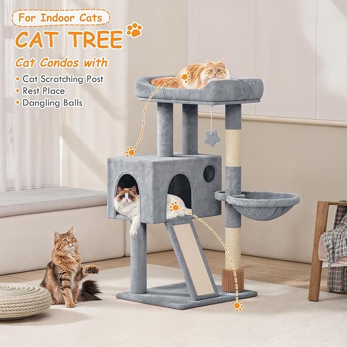 36-Inch Cat Tree Tower for Small and Medium Indoor Cats, Multi-Level Cat Furniture with Sisal Scratching Posts, Hammock, Condo & Scratching Board, Light Gray