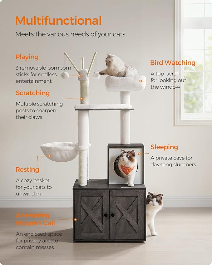 Feandrea Cat Tree with Litter Box Enclosure, 59-Inch Modern Cat Tower, 2-in-1 Condo with Scratching Posts, Washable Removable Cushion, Misty Gray UPCT113G02